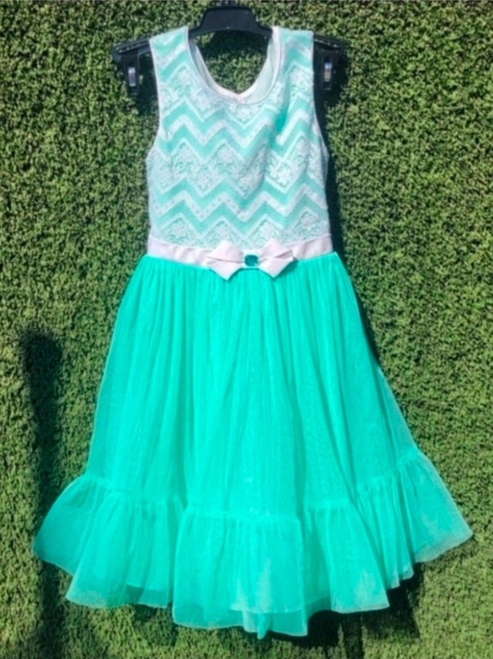 Girls Mint Green Lace & Tulle Party Dress with Bow Girls Size 8